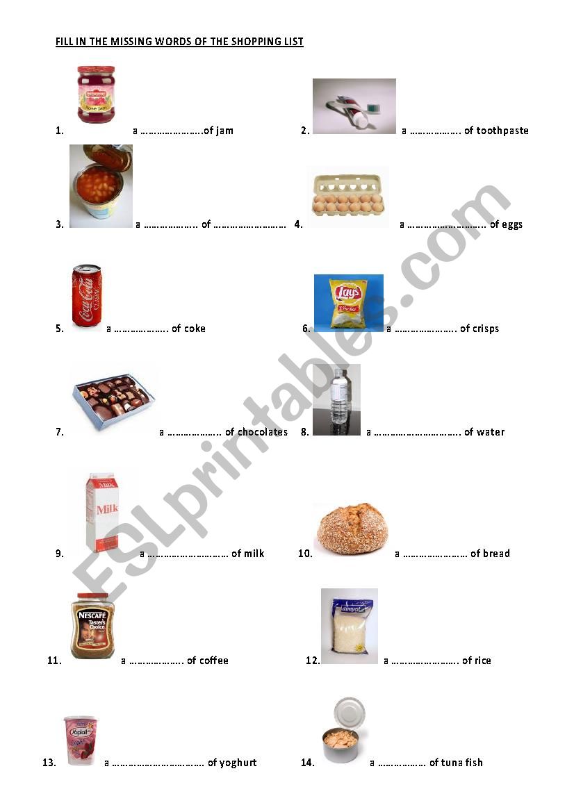 Food and their containers worksheet