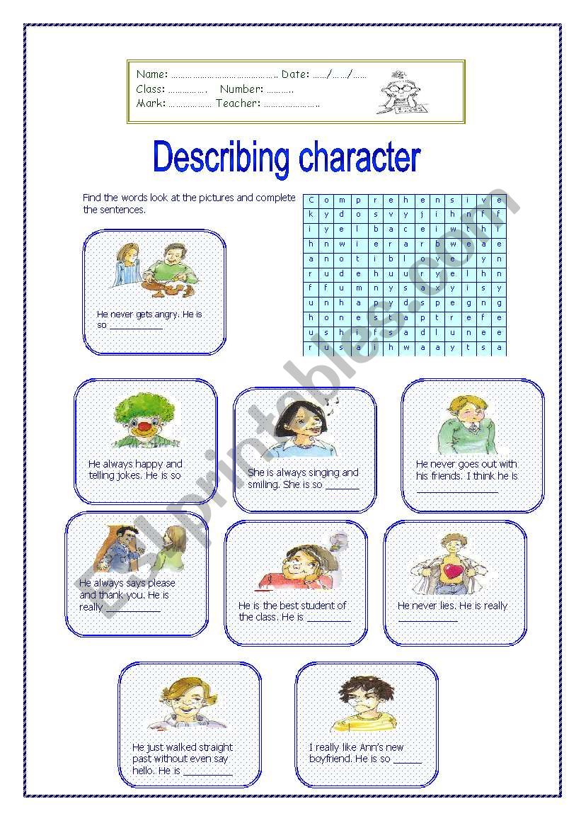Describing Character worksheet