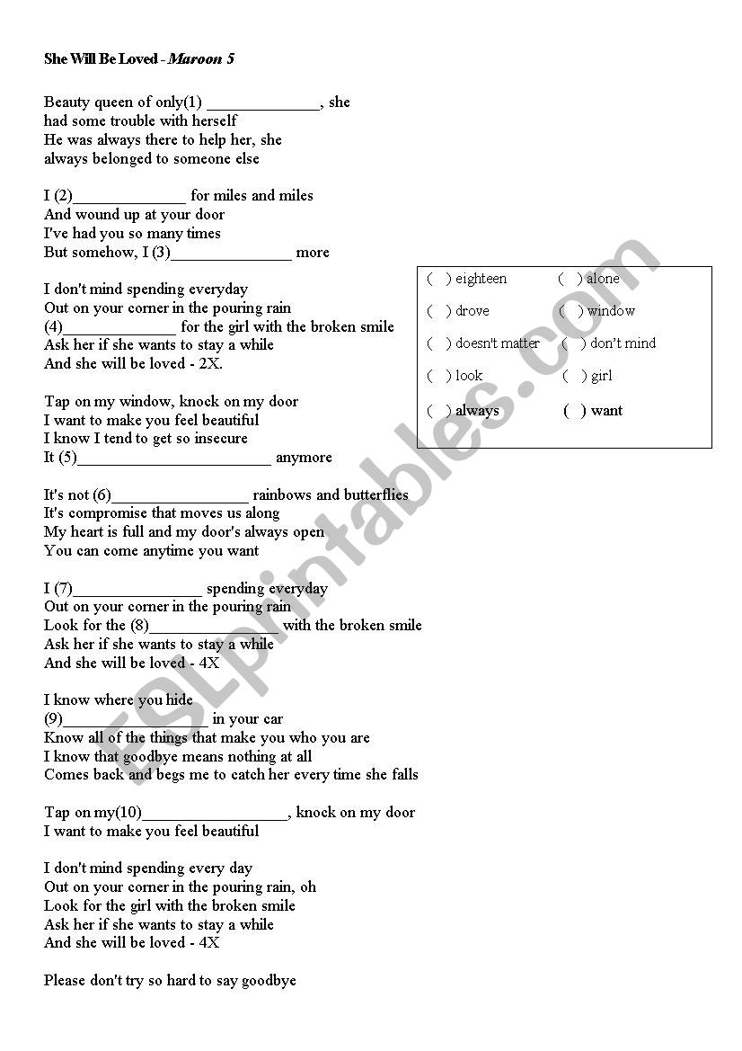 song - She will be loved worksheet