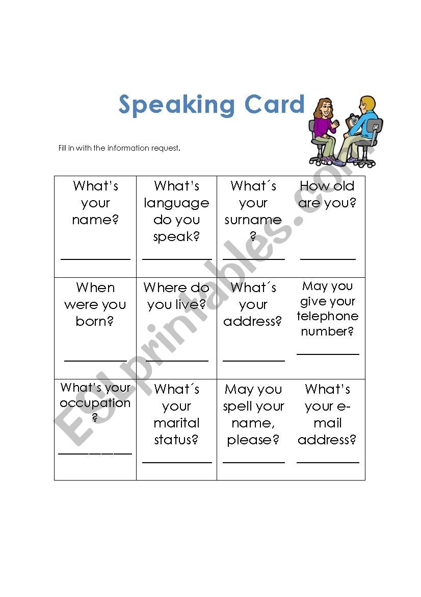 Speaking cards personal info worksheet
