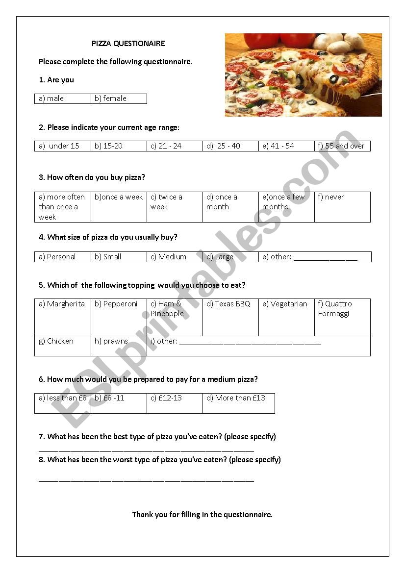 PIZZA QUESTIONAIRE  worksheet