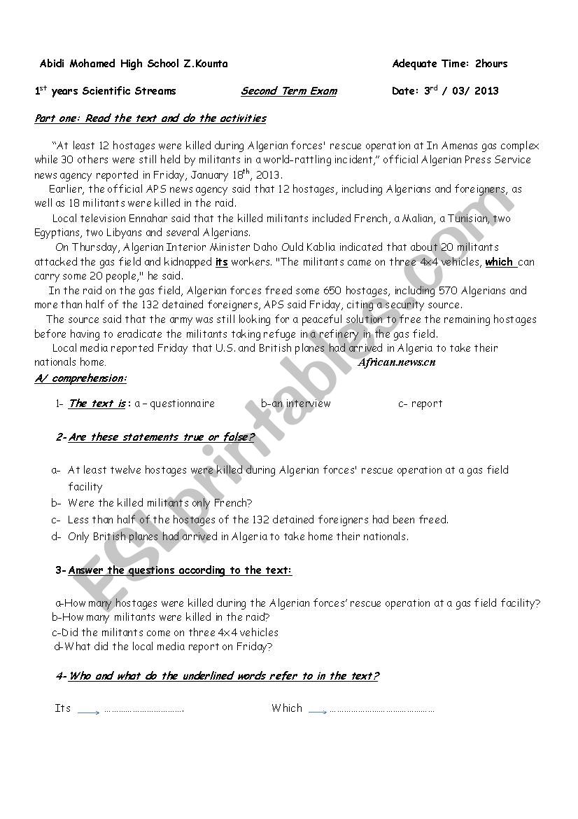 Ain Amenas gas report worksheet