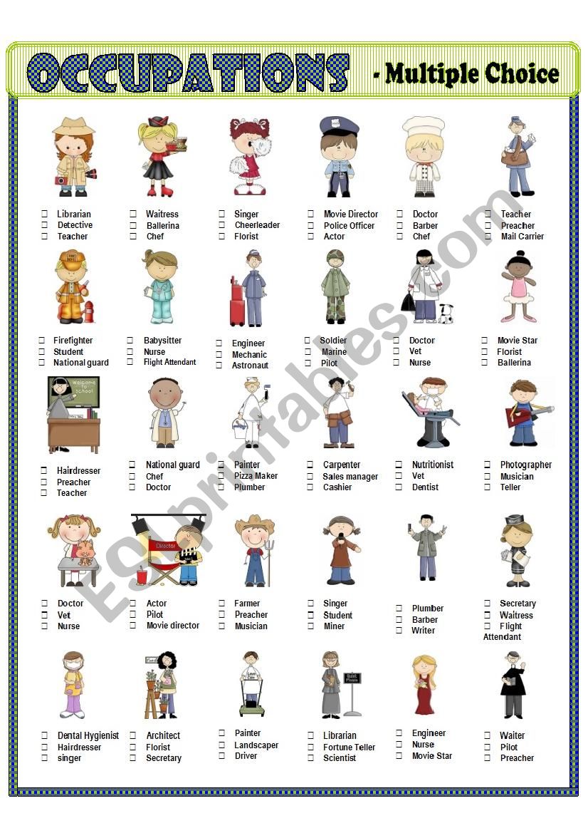 Occupations - MULTIPLE CHOICE worksheet