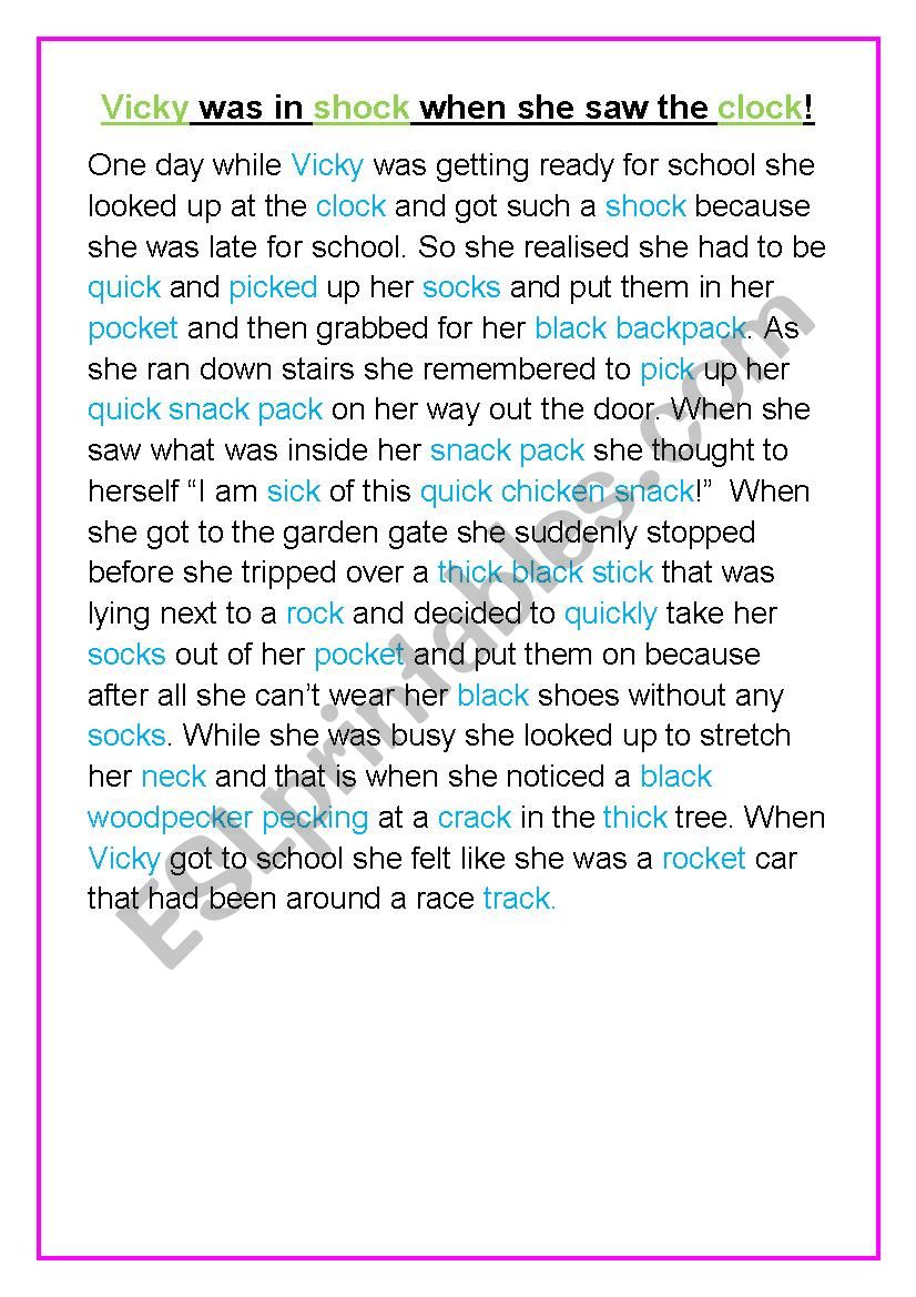 Phonics story for ck blend worksheet