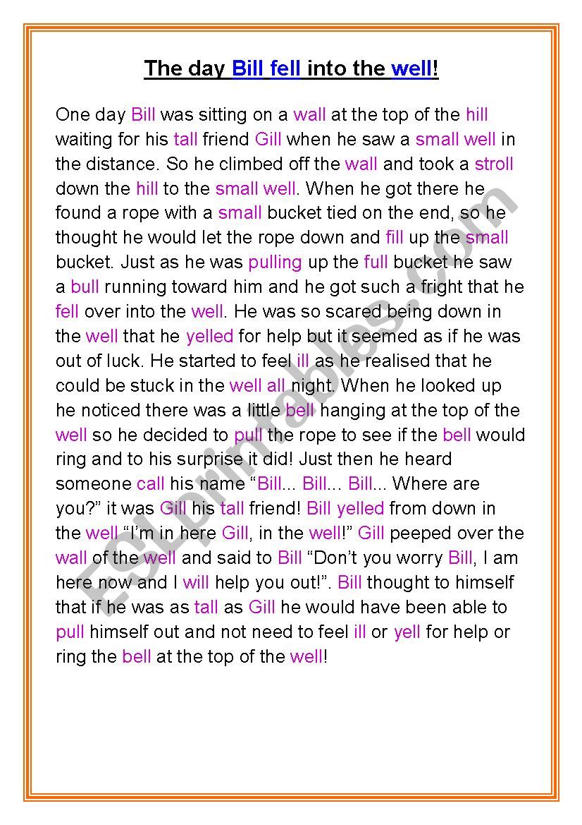 Phonics story ´ll´ digraph - ESL worksheet by Angie Warneke