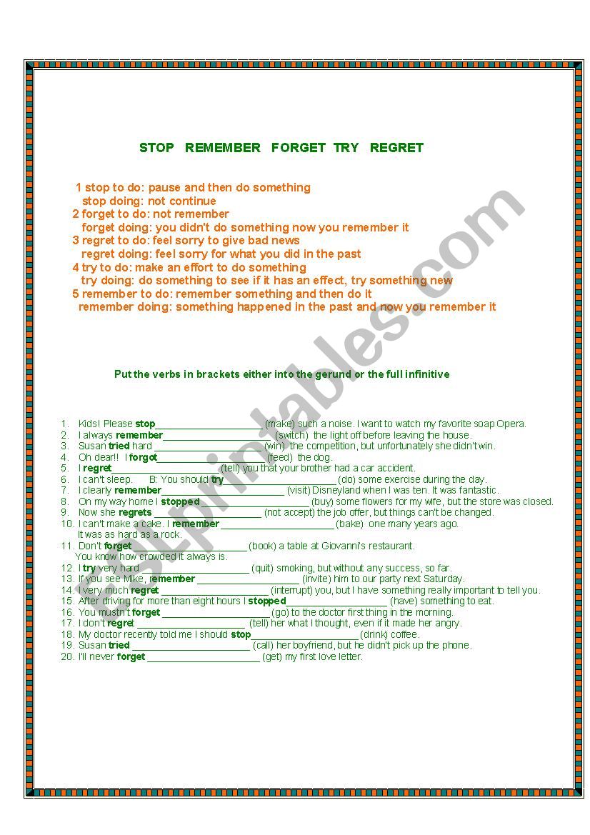 verbs followed by gerunds or infinitives with change in meaning