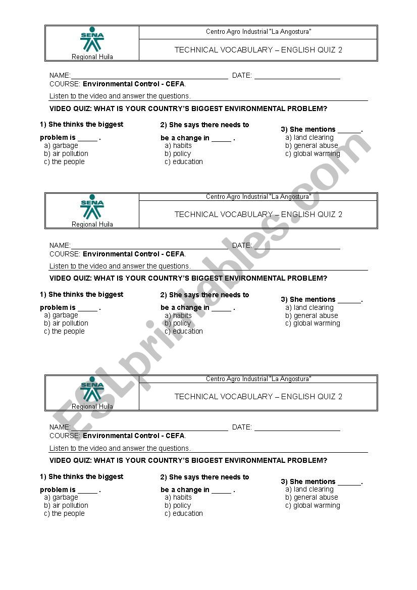 Video Quiz about Environment worksheet