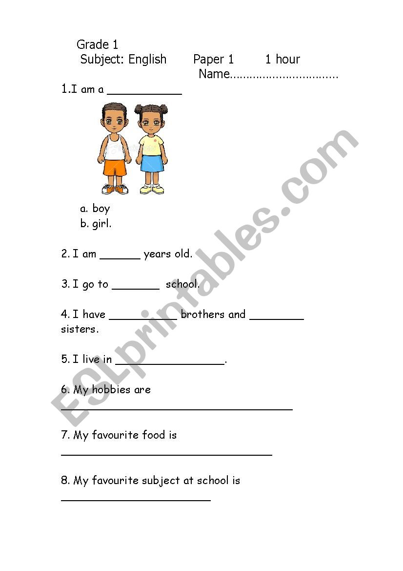 Grade 1 English Exam 2012 worksheet