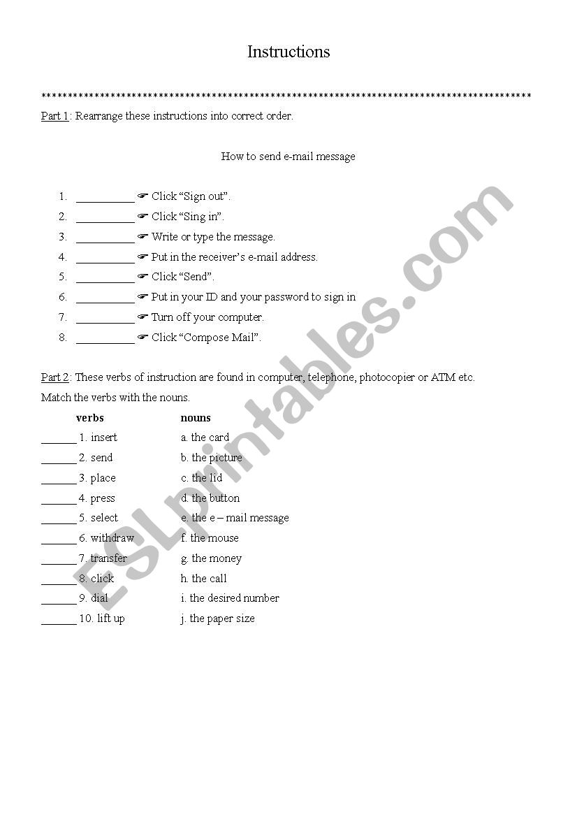 instructions worksheet