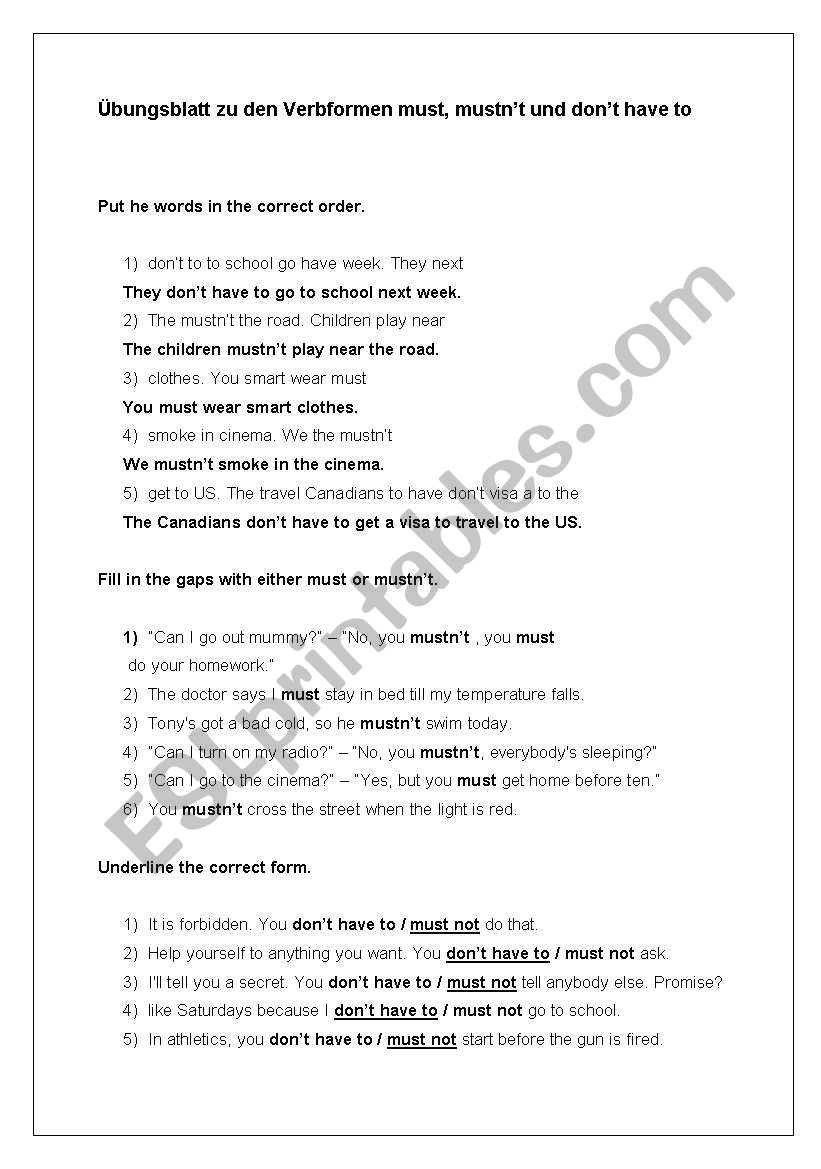 Worksheet about must, mustnt or dont have to