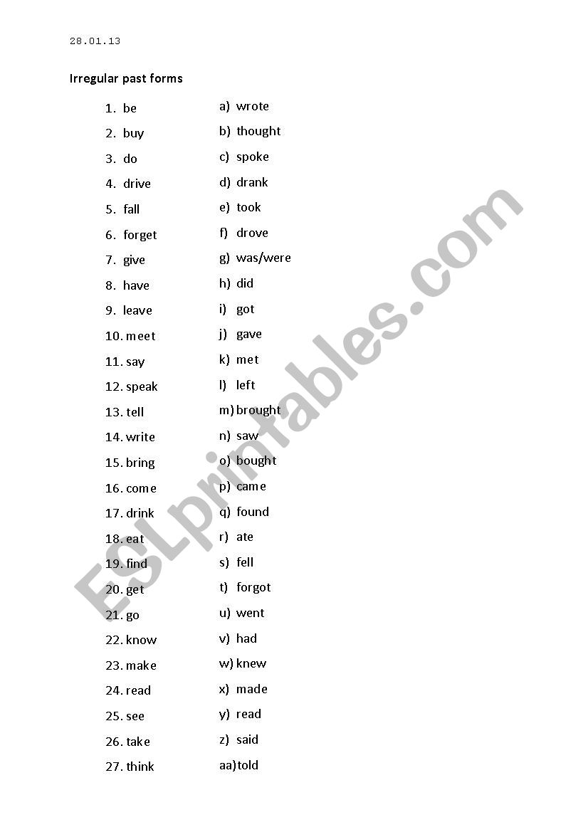 Irregular past worksheet