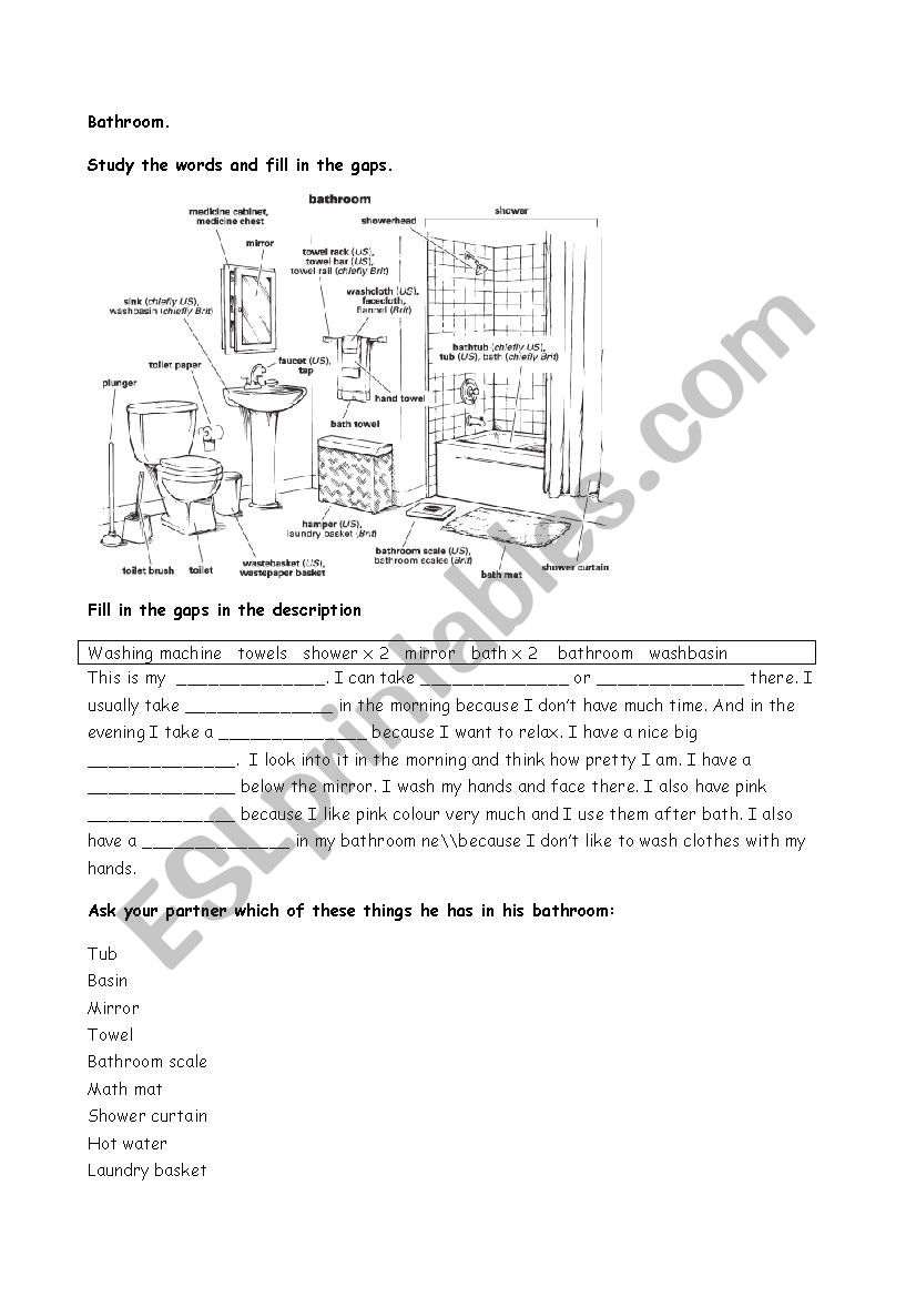 Bathroom worksheet