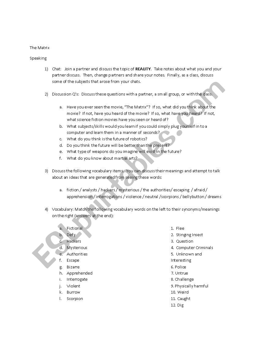 Matrix Movie Worksheet worksheet