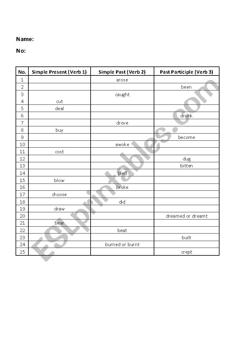 Irregular Verbs 1 (A-D) worksheet