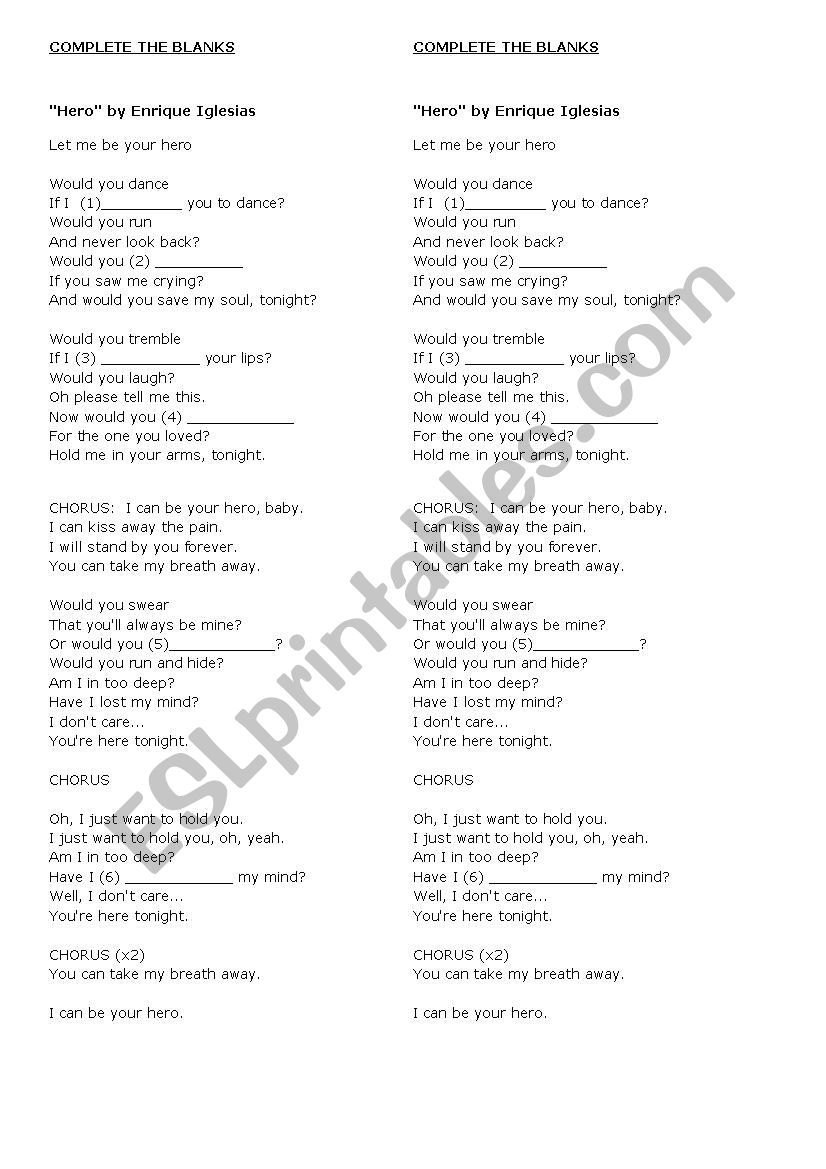 Hero by Enrique Iglesias worksheet