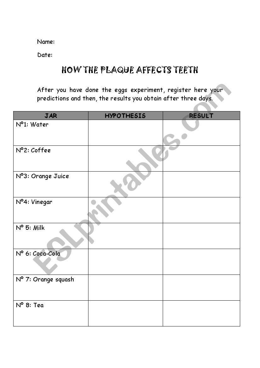 Teeth worksheet