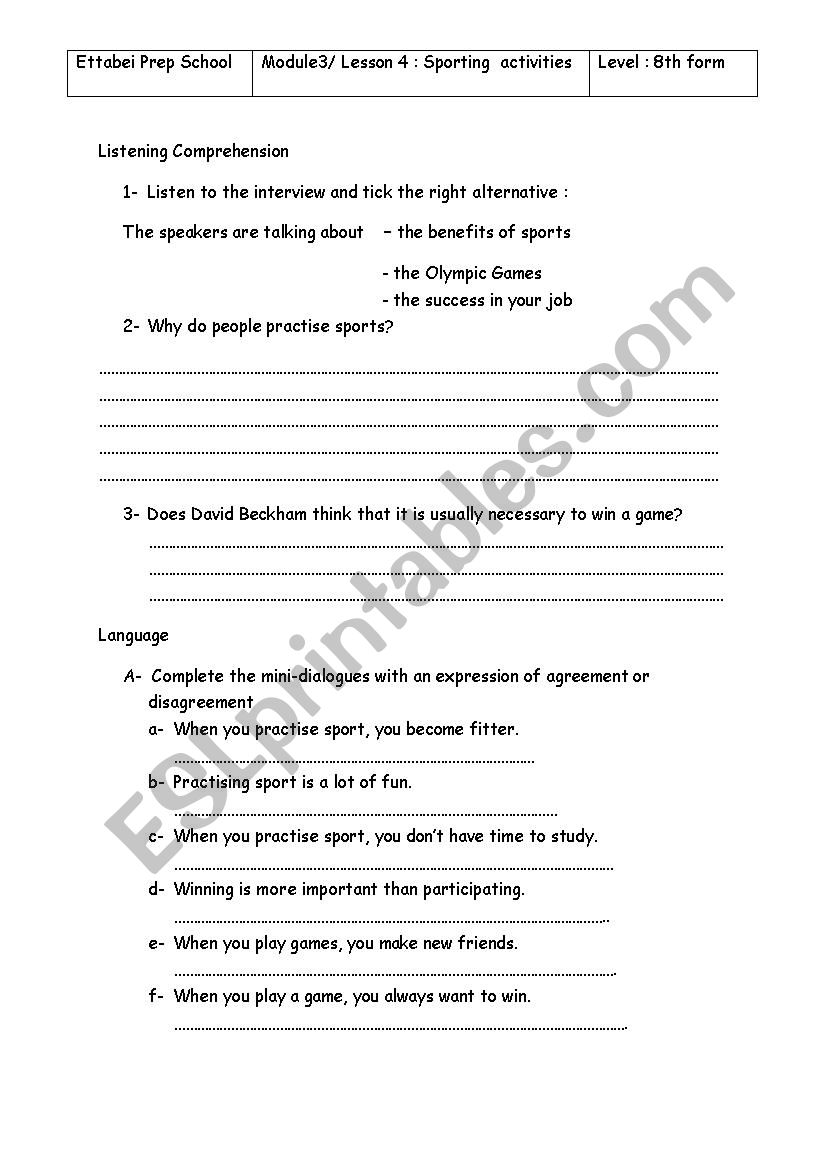 sporting activities worksheet