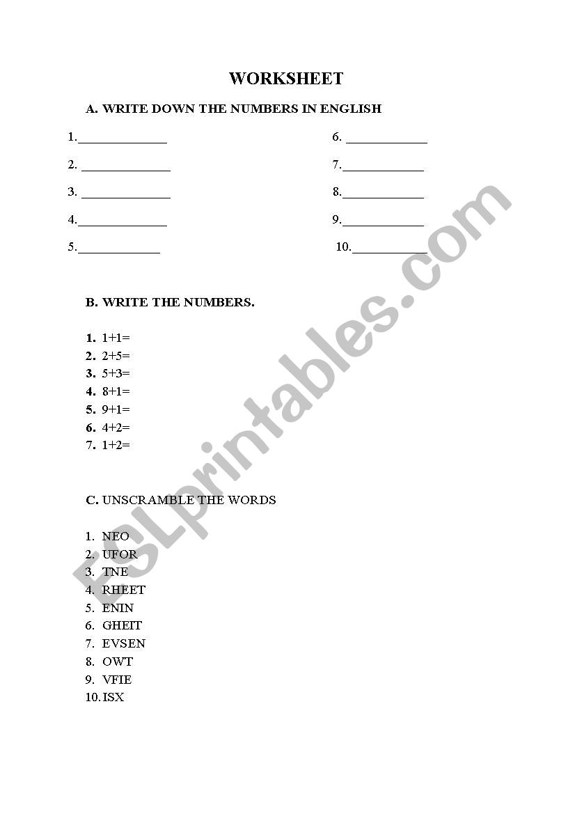 numbers worksheet