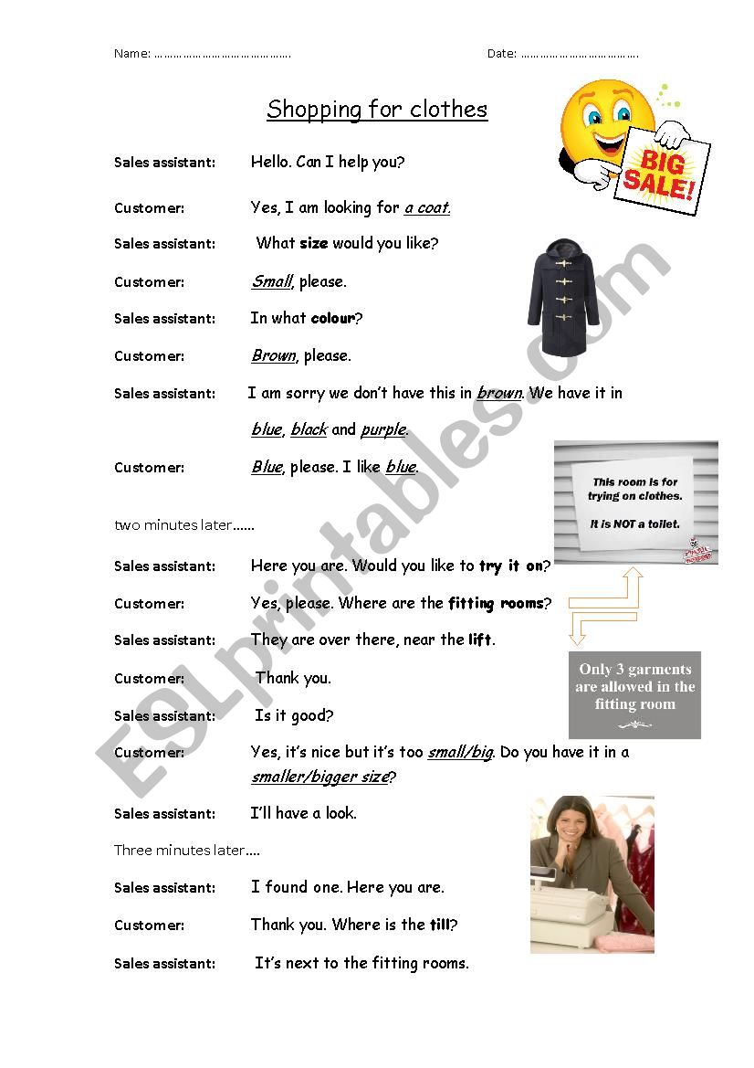 Shopping for Clothes worksheet