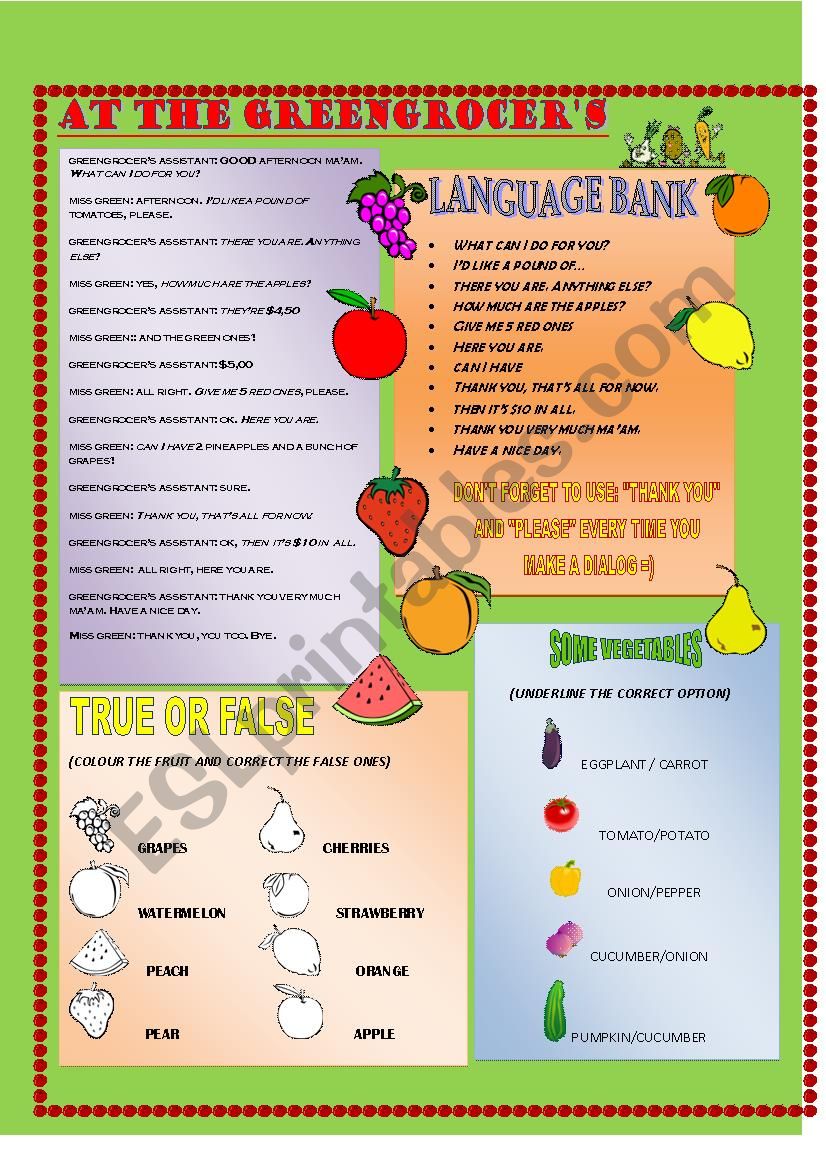 AT THE GREENGROCERS + KEY worksheet