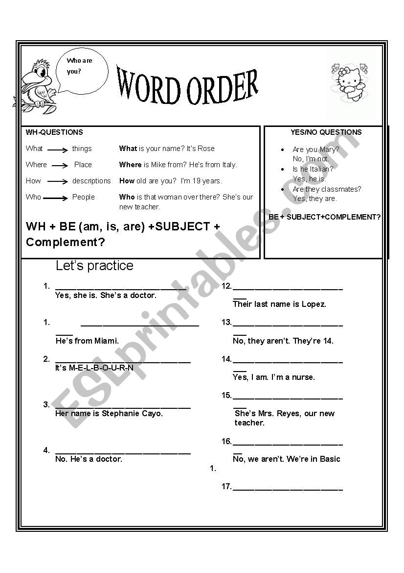 Word order worksheet