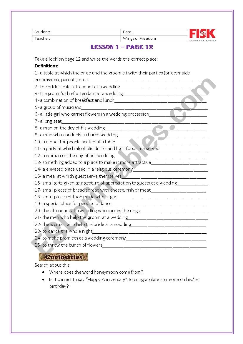 Wedding vocabulary expansion worksheet