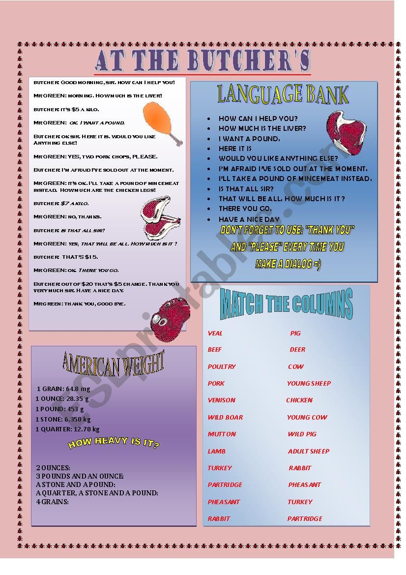 AT THE BUTCHERÂ´S + KEY worksheet