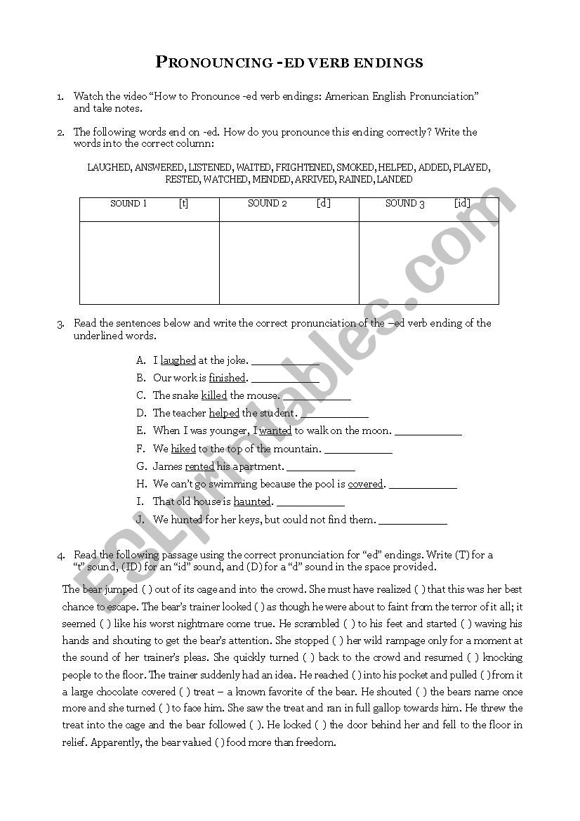 Pronunciation ed endings worksheet