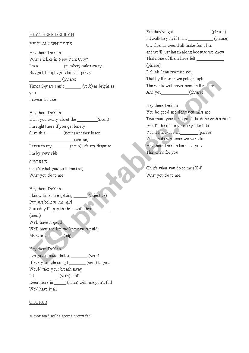 Hey there Delilah song worksheet