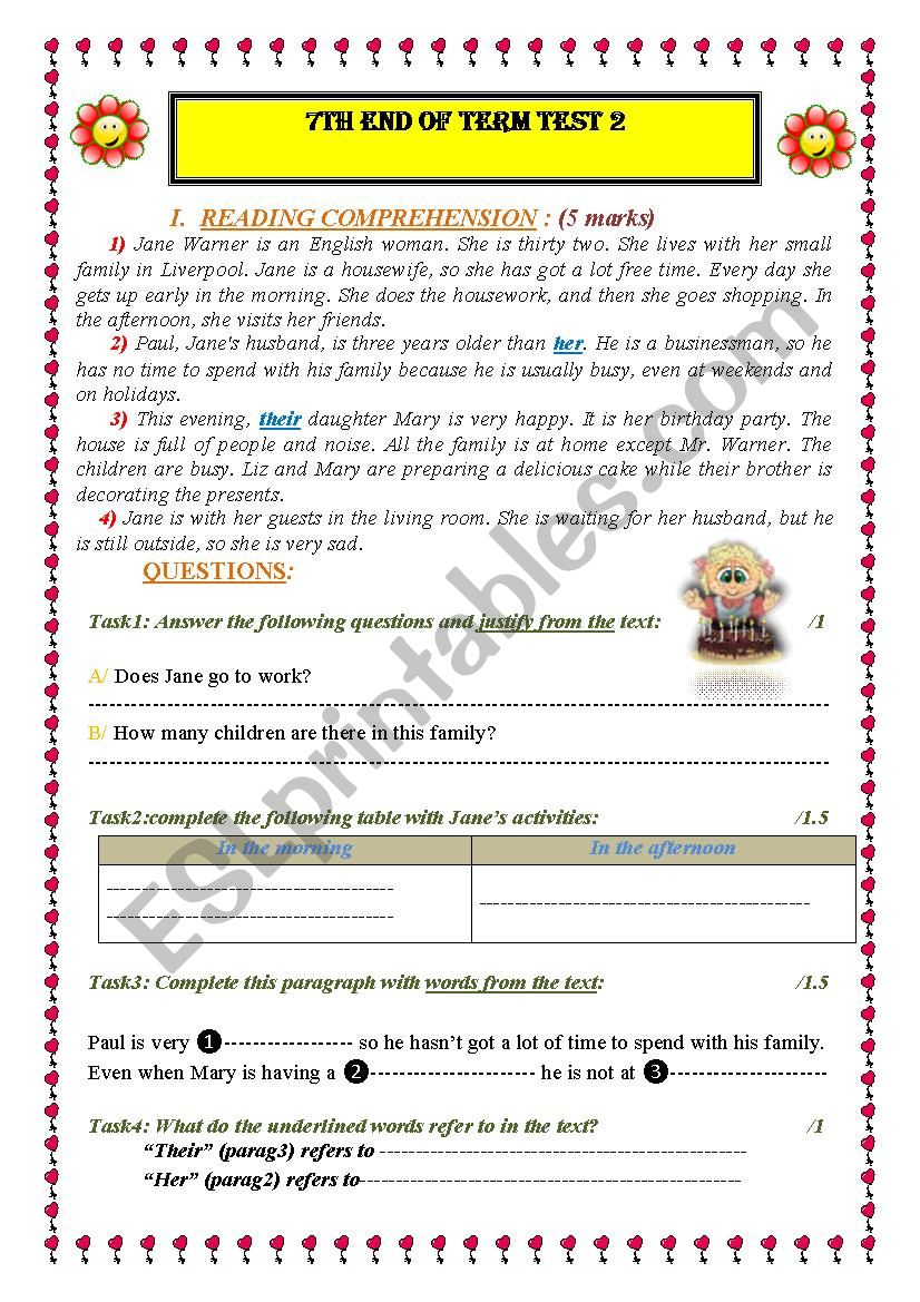 7th END TERM TEST 2 worksheet