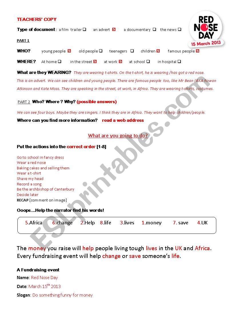 RED NOSE DAY  March 15th 2013 worksheet