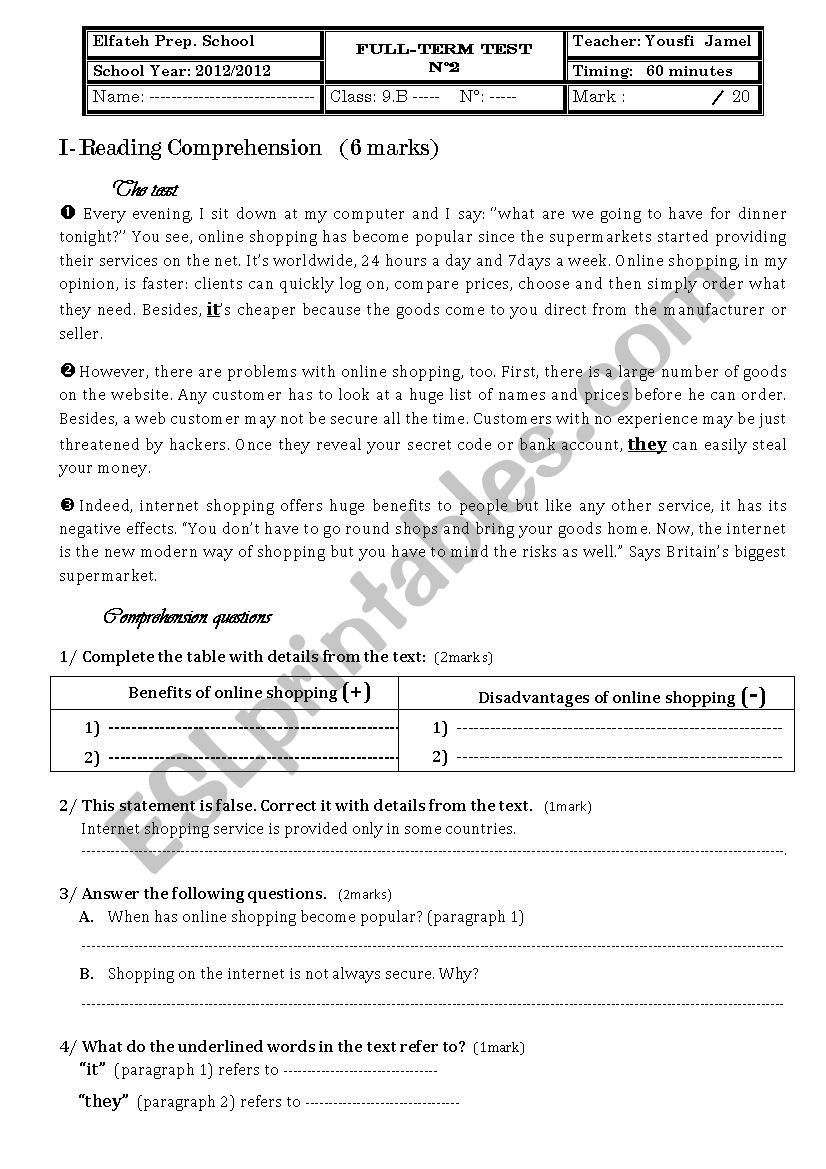 9th form end of term test 2 worksheet