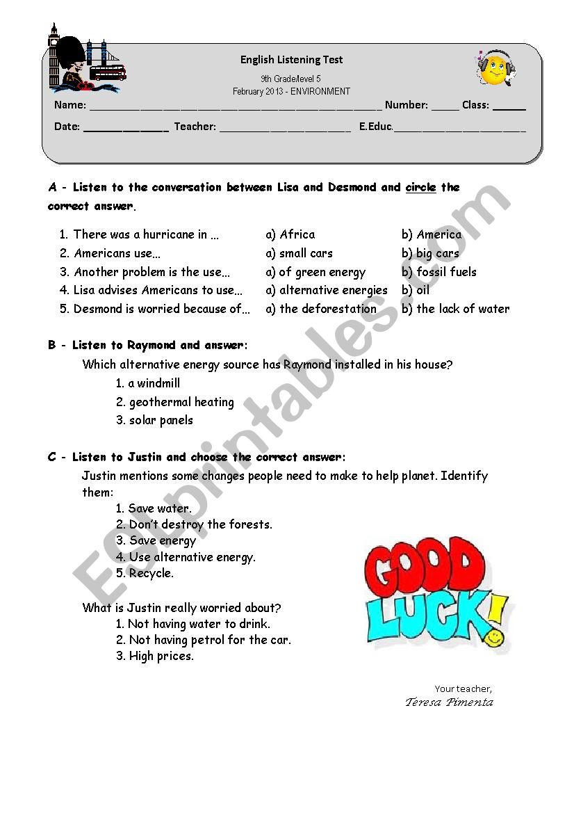 listening test - environment worksheet