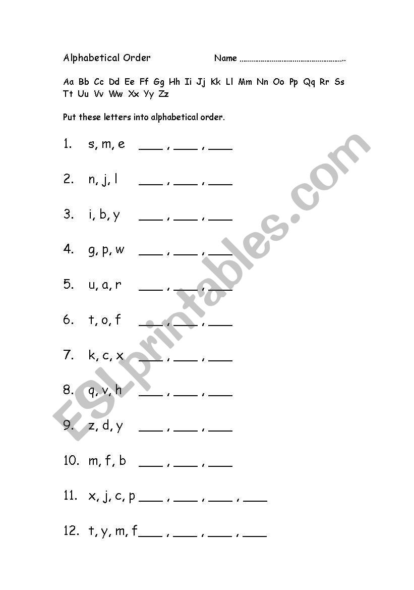 Alphabetical letter ordering worksheet