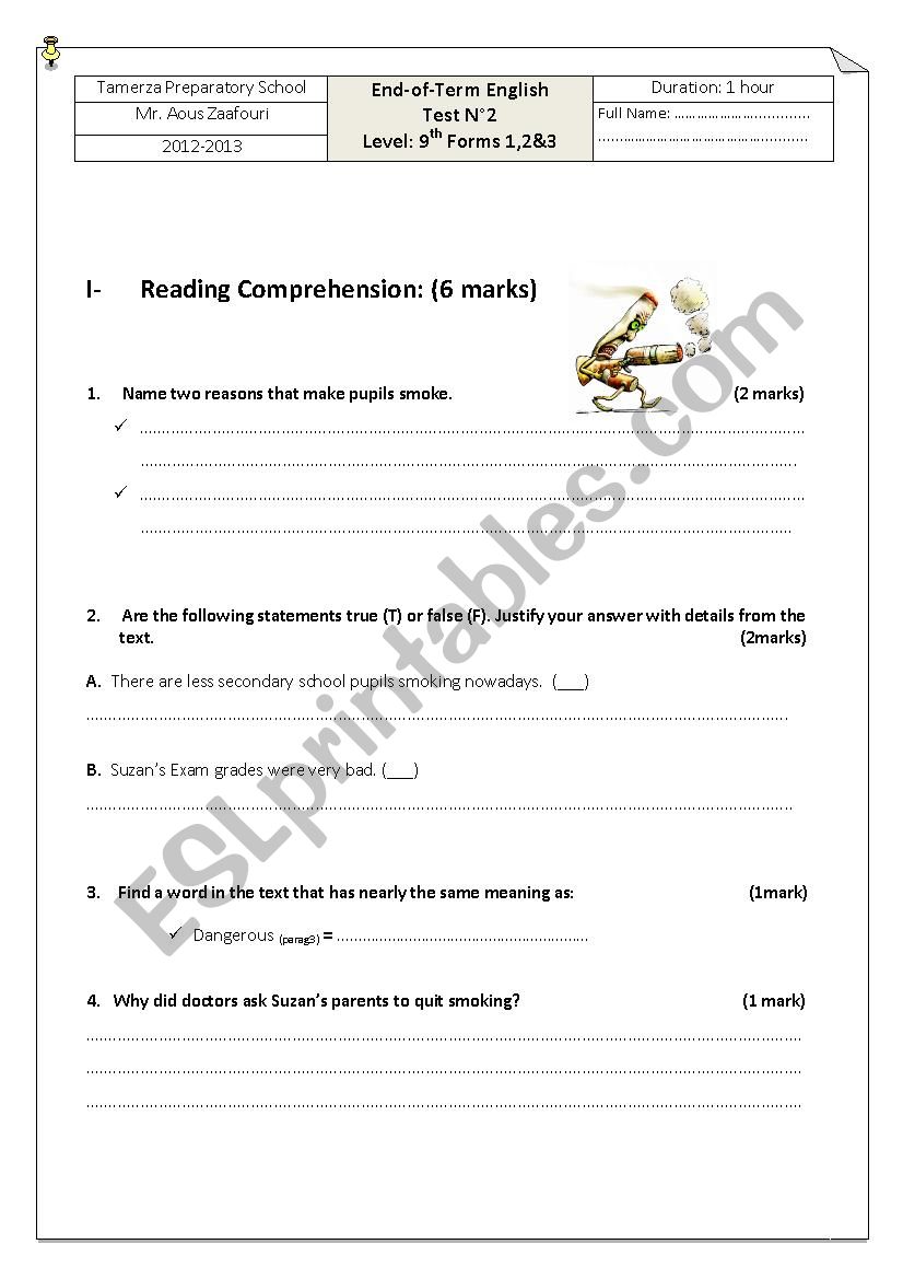 9th grade Test (2nd Term) worksheet