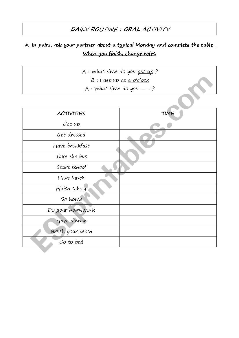 Daily routine (oral activity) worksheet