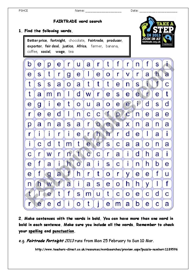 FAIRTRADE word search worksheet