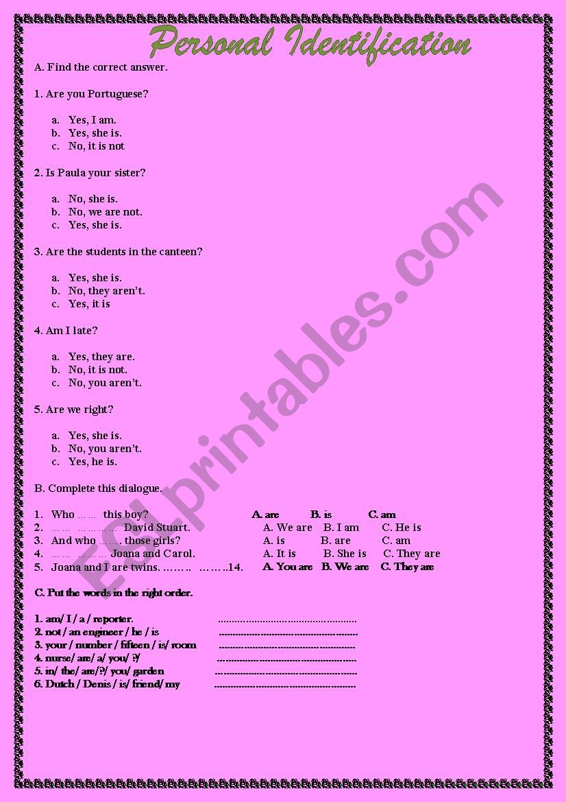 Worksheet about Personal Identification