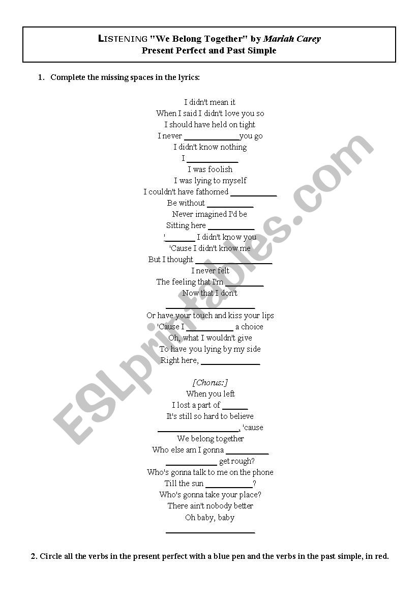 Present Perfect and Past Simple listening worksheet (song)