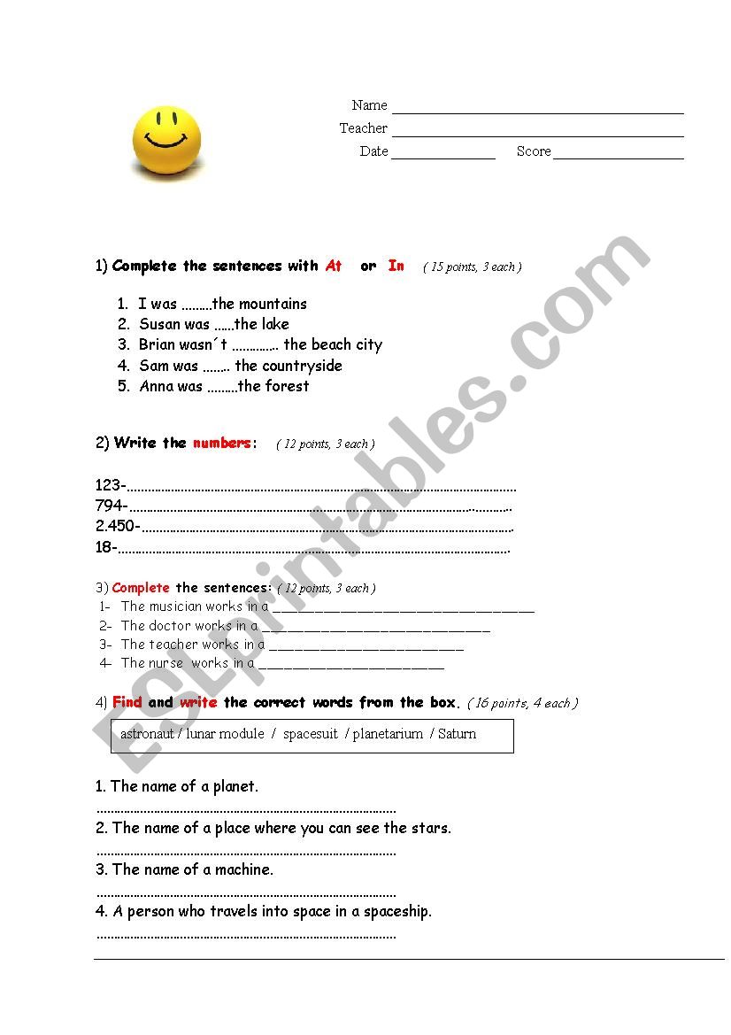 placement test worksheet