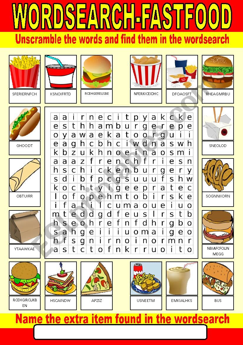 Fast food Wordsearch worksheet