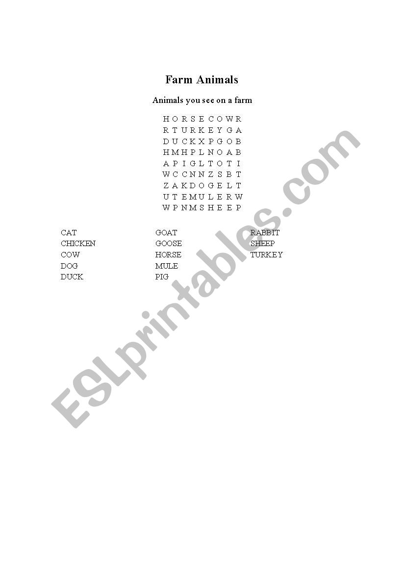 Farm Animals Word Search worksheet