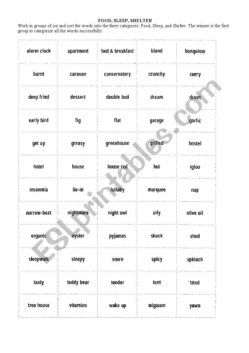 Game food sleep shelter worksheet