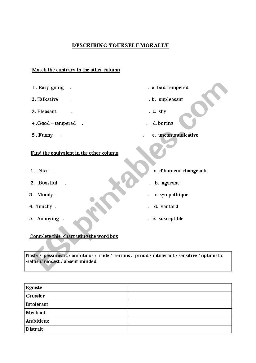 moral description worksheet