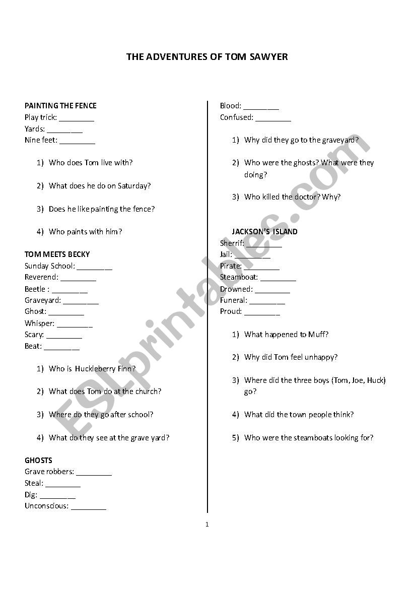 Tom Sawyer worksheet