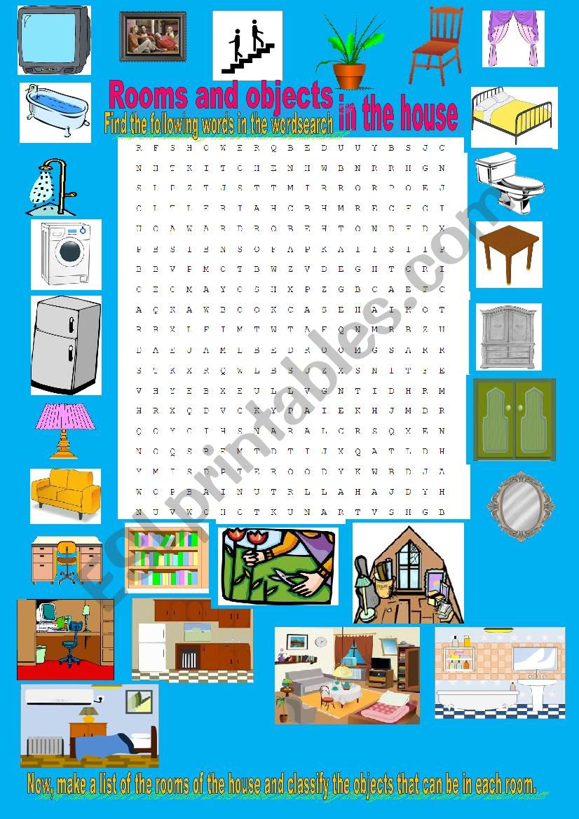 Wordsearch rooms and objects in the house. 