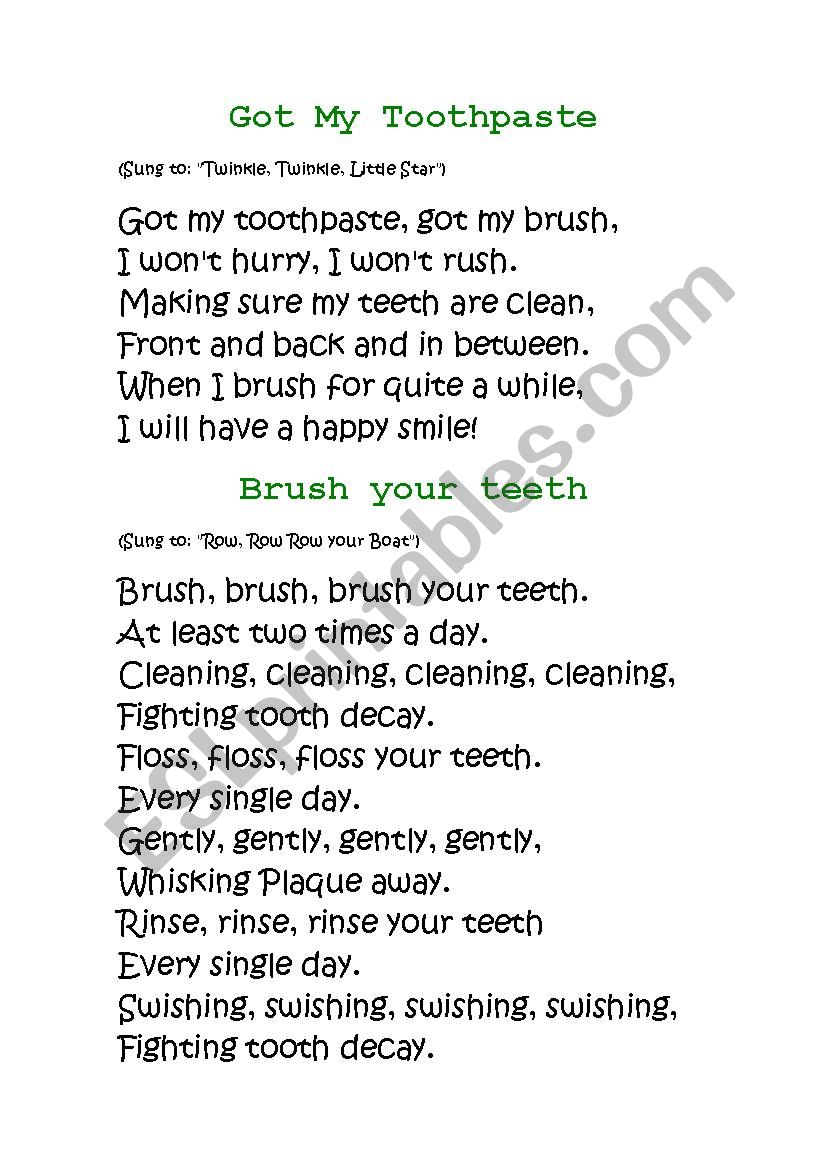 Teeth songs worksheet