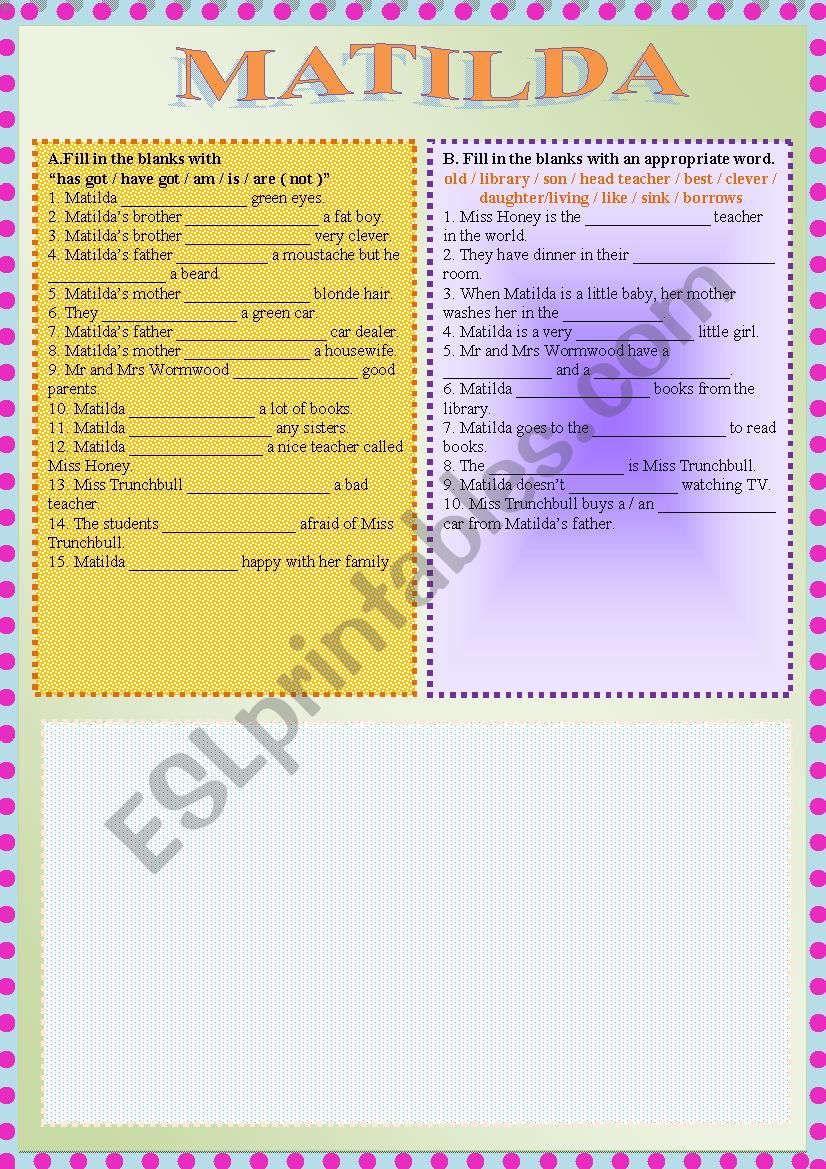 Matilda by Roald Dahl worksheet