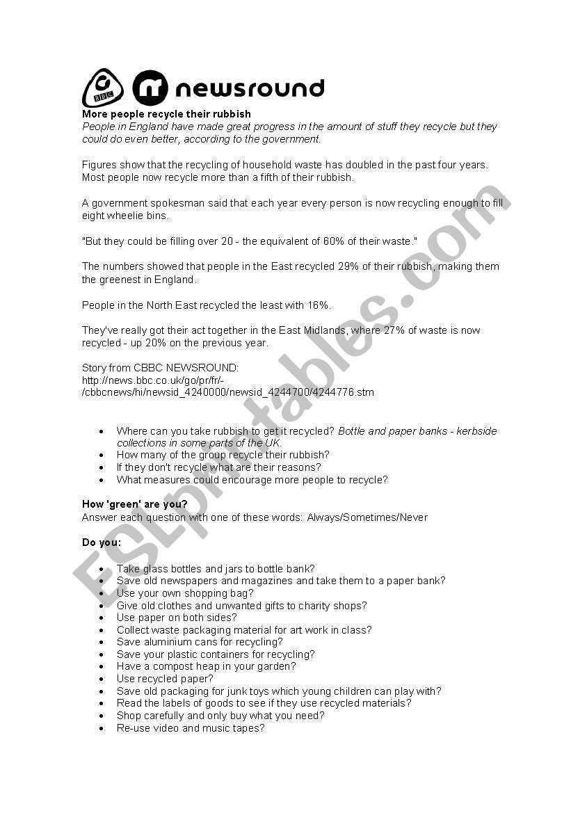 HOW GREEN ARE YOU? worksheet