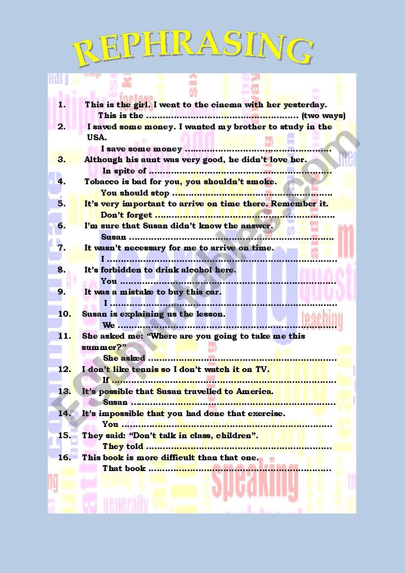REPHRASING (English grammar)+ worksheet